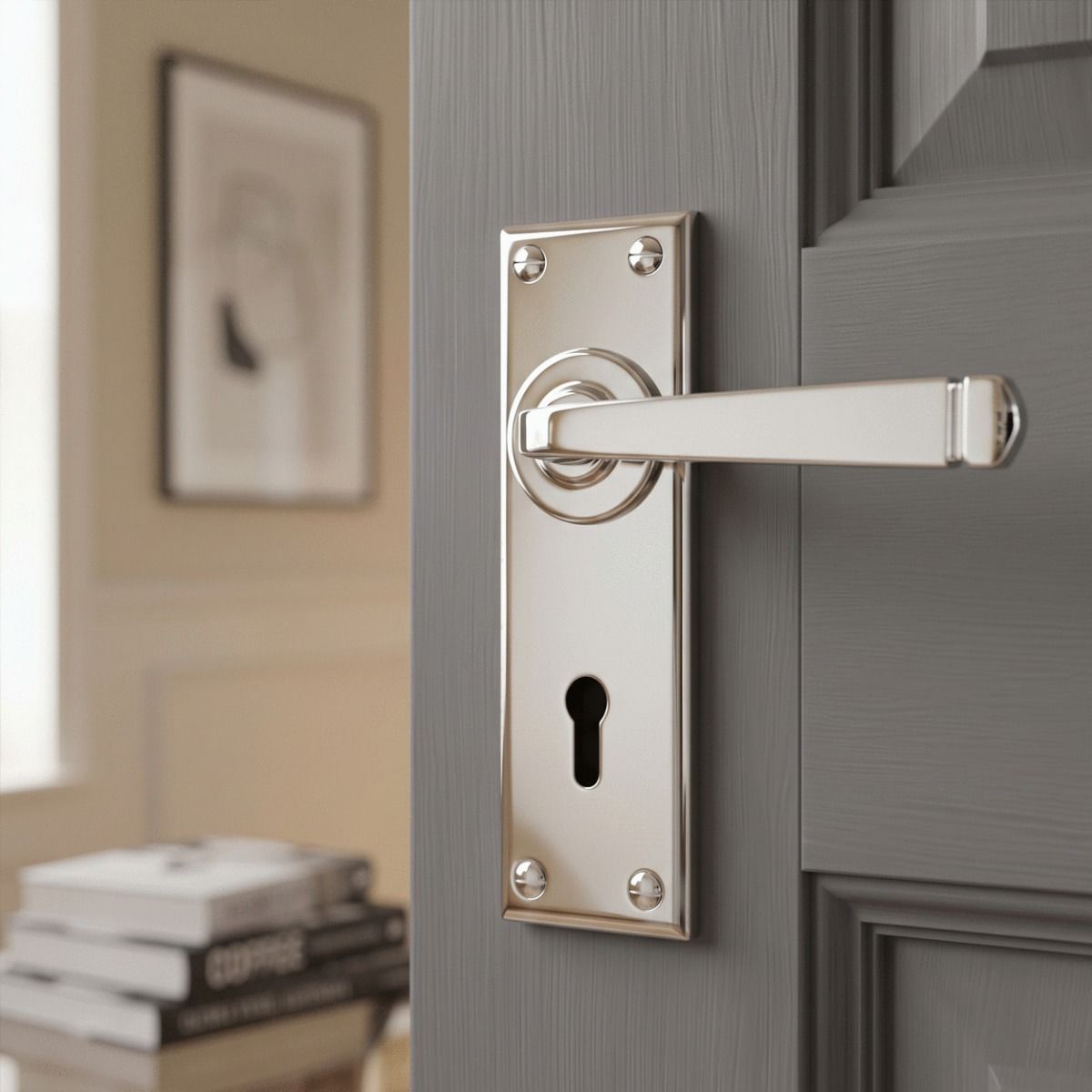 The Sleek Architectural Lever Lock Door Handle Set on Plain Backplate Polished Stainless Steel in a Modern Reading Room in a Contemporary Home - Digital Illustration 