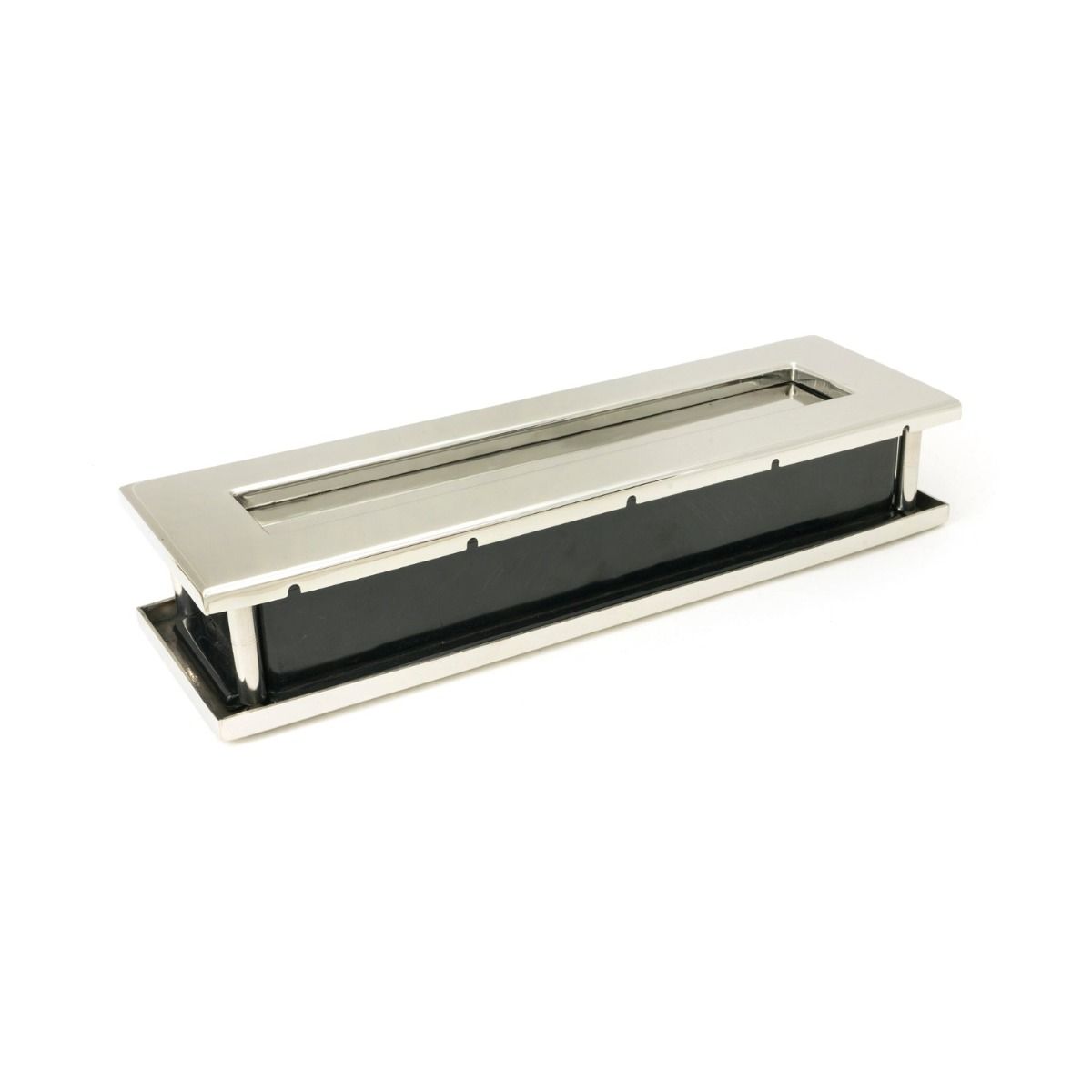 The Sleeve & Brush Traditional Letterbox Set in Polished Stainless Steel Shown on its Side on a White Background