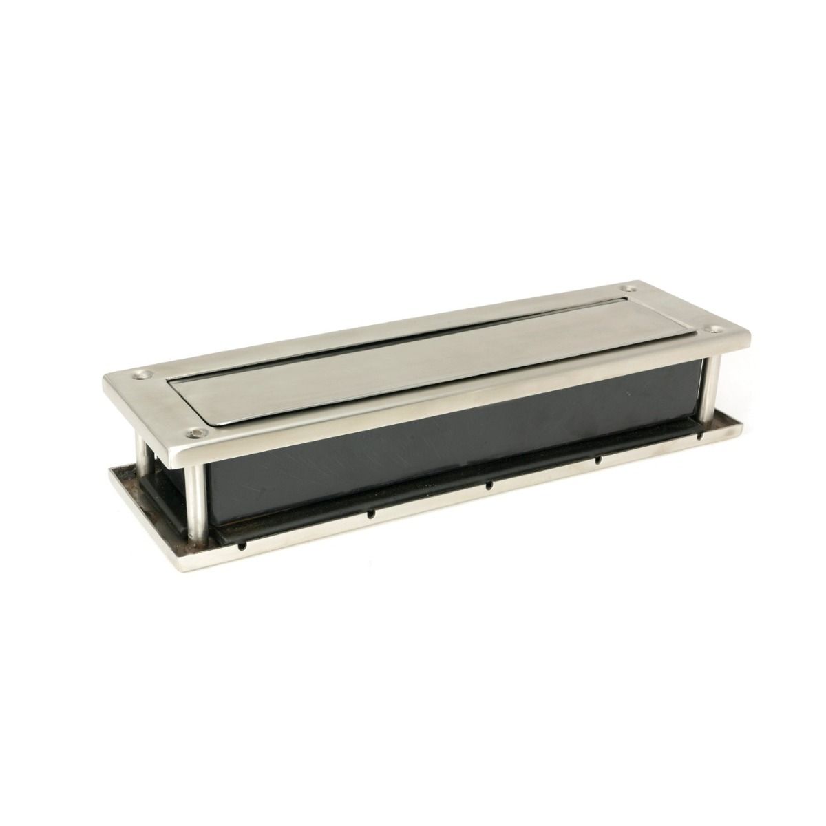 The Sleeve & Brush Traditional Letterbox Set in Satin Stainless Steel Shown on its side from Behind