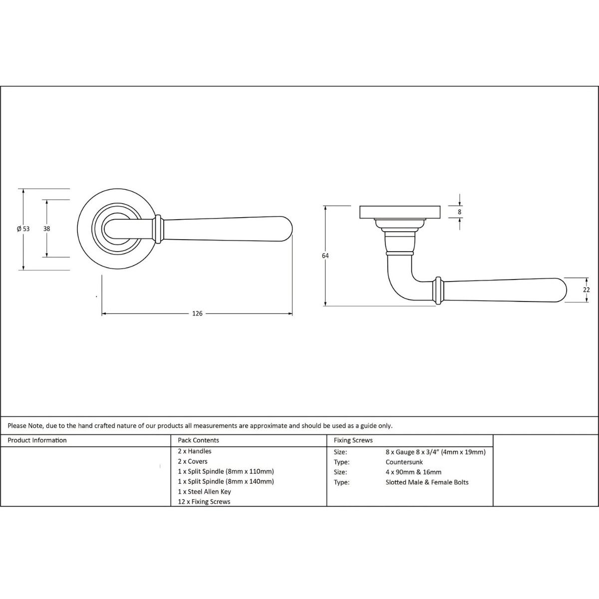 The Slender Classic Reeded Lever on Plain Rose Set - Aged Brass Technical Drawings and Dimensions 