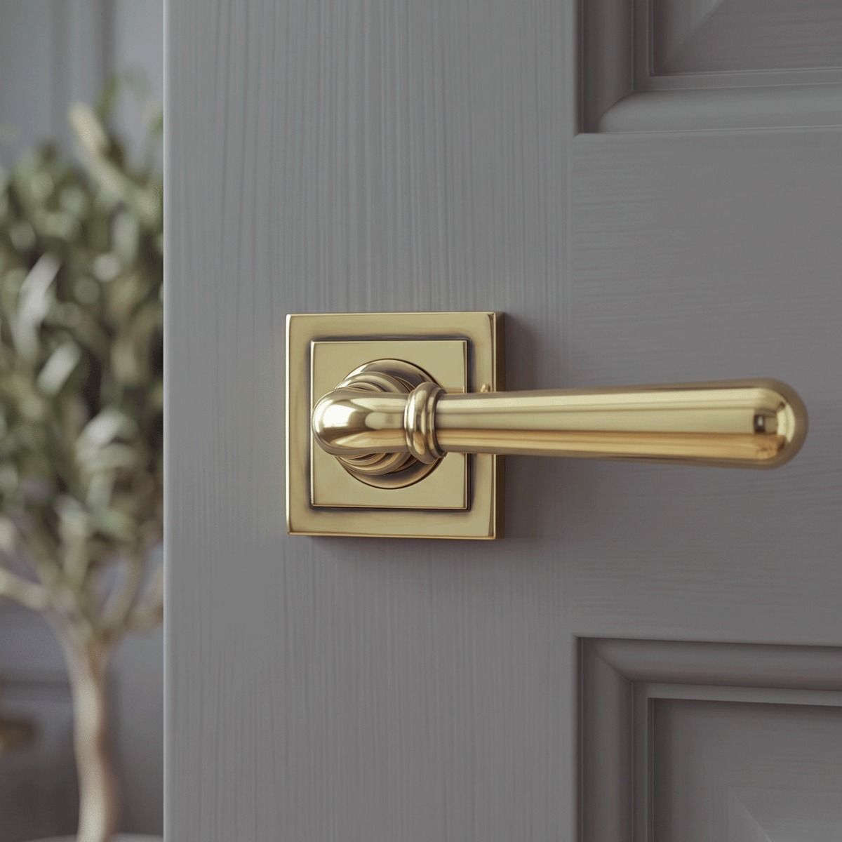 The Slender Classic Reeded Lever on Square Rose Set in Aged Brass on a Grey Door in a Contemporary Home - Digital Illustration