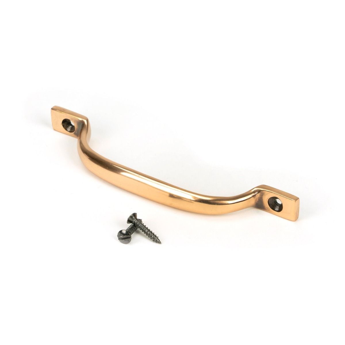 The Slim Sash Window Lift Pull Handle in Polished Bronze Shown Resting on its Side with Supplied Screws