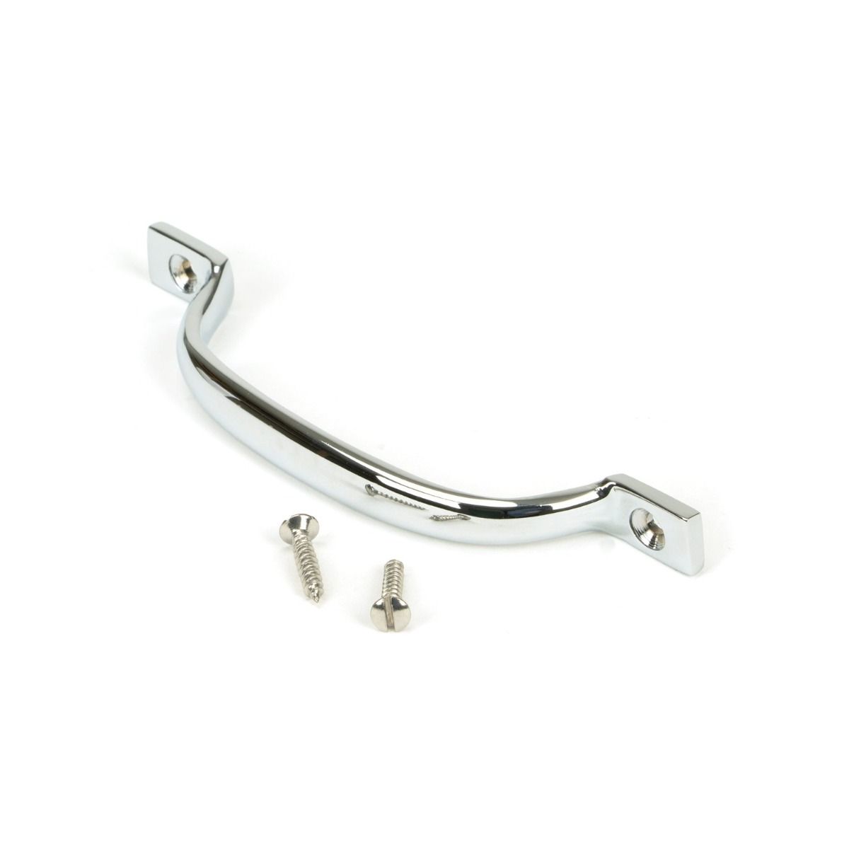 The Slim Sash Window Lift Pull Handle in Polished Chrome Shown Resting on its Side with Supplied Screws