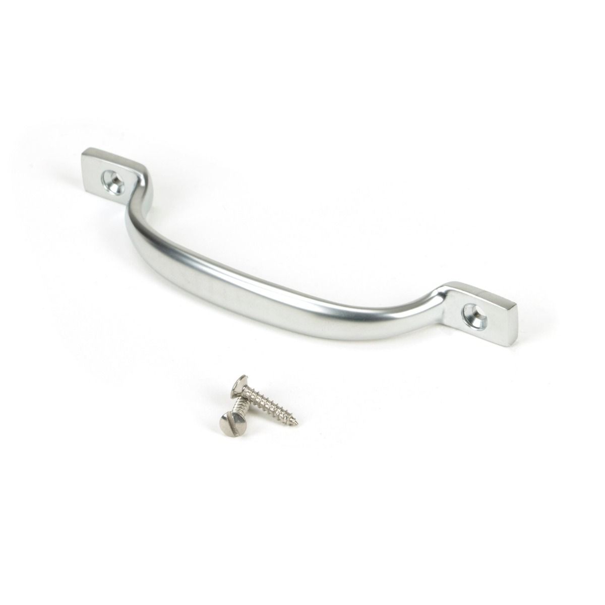 The Slim Sash Window Lift Pull Handle in Satin Chrome Shown Resting on its Side with Supplied Screws