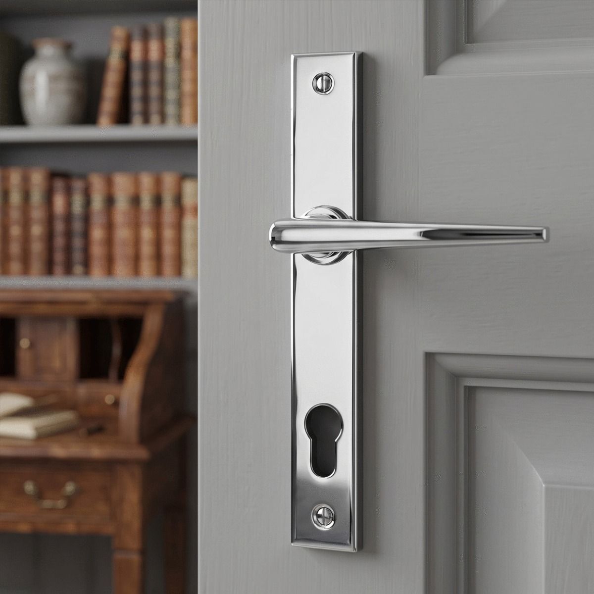 The Slimline Espag Lever Door Handle in Polished Stainless Steel on a Grey Door leading to a Home Library - Digital Illustration