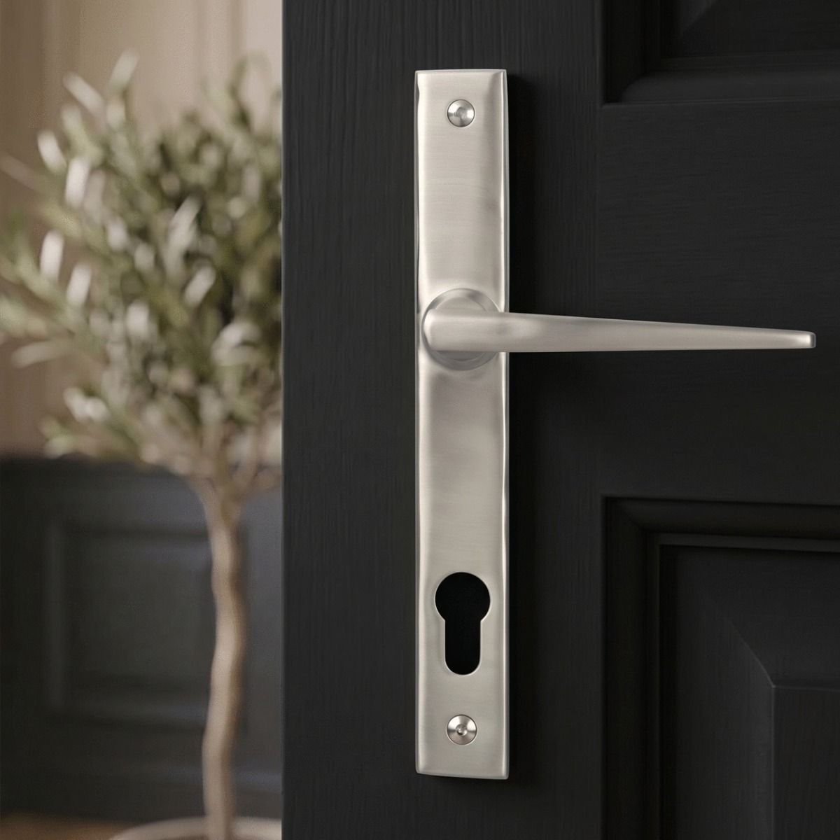 The Slimline Espag Lever Door Handle in Satin Stainless Steel on a Black Door in a Home Hallway - Digital Illustration