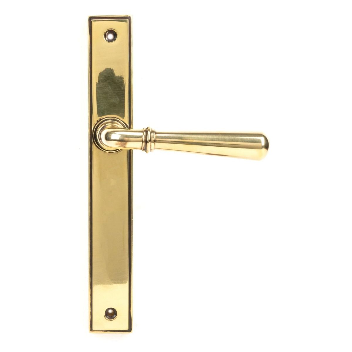 The Slimline Lever Espagnolette Door Latch in Aged Brass on a White Background 