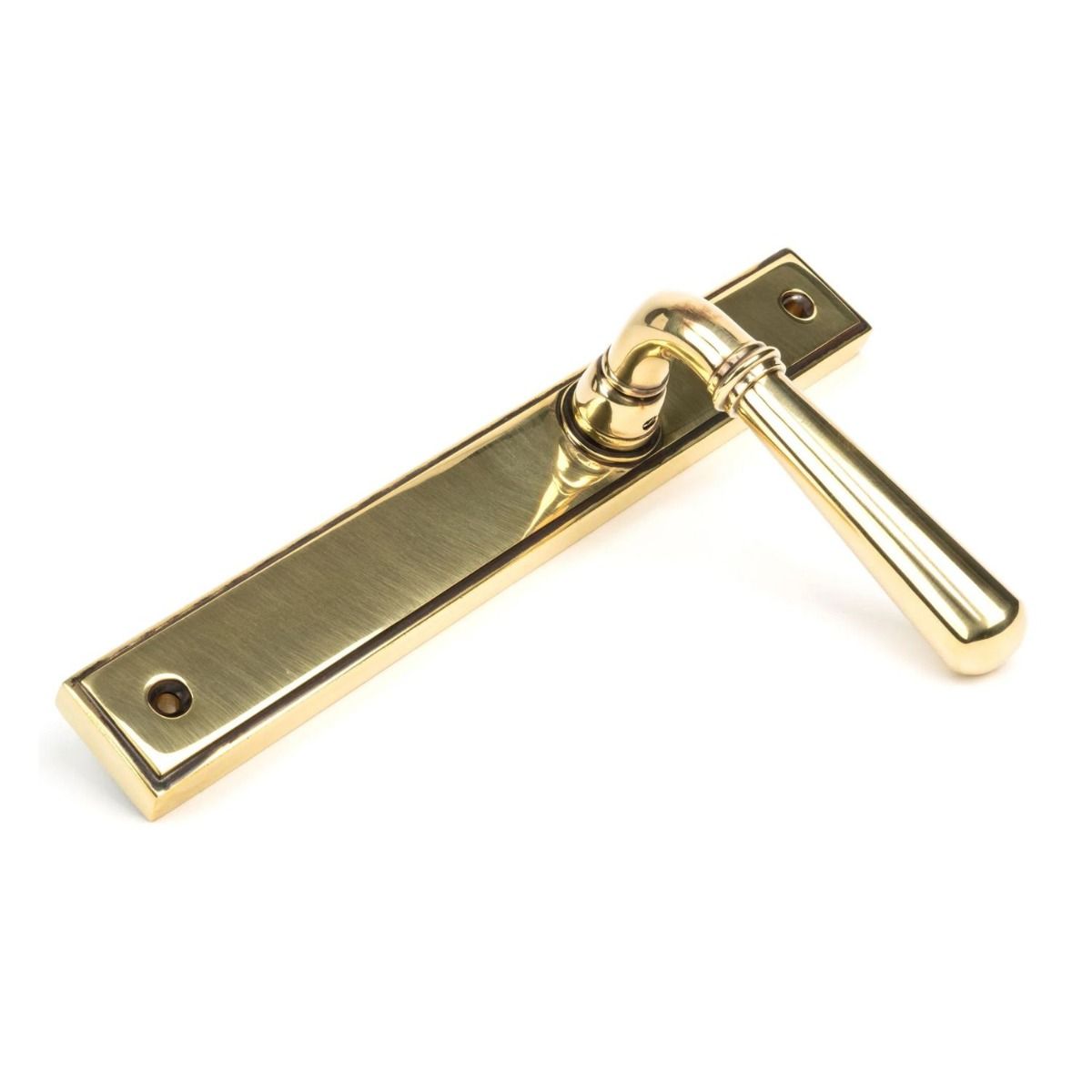 The Slimline Lever Espagnolette Door Latch in Aged Brass Shown on its Side 