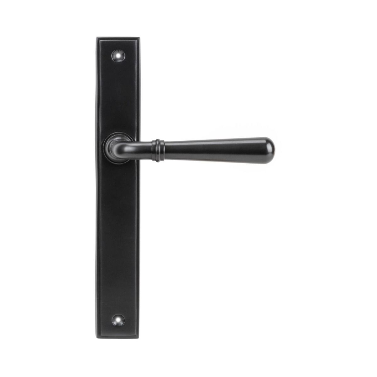 The Slimline Lever Espagnolette Door Latch in Aged Bronze on a White Background 