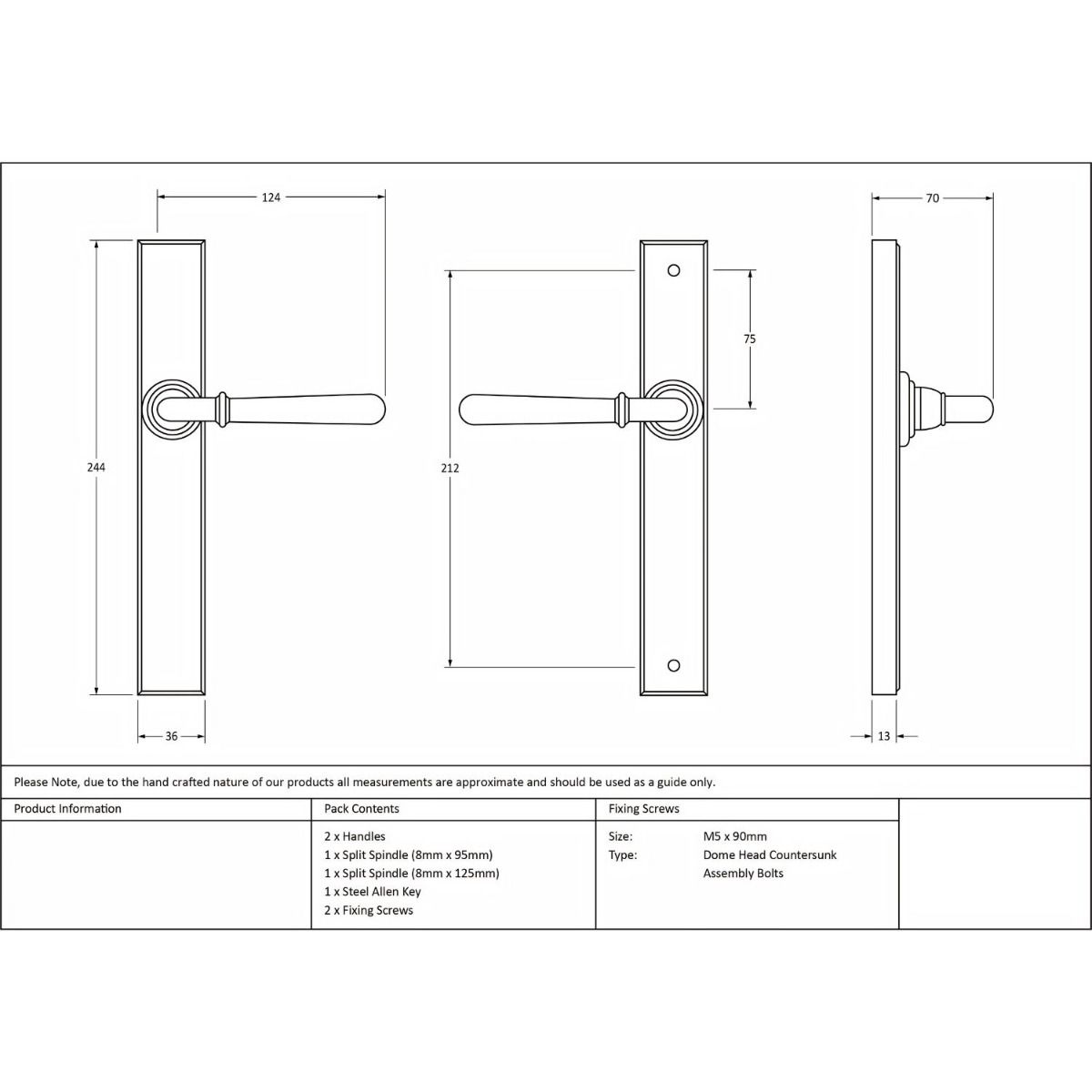 The Slimline Lever Espagnolette Door Latch in Aged Bronze Technical Drawings and Dimensions 