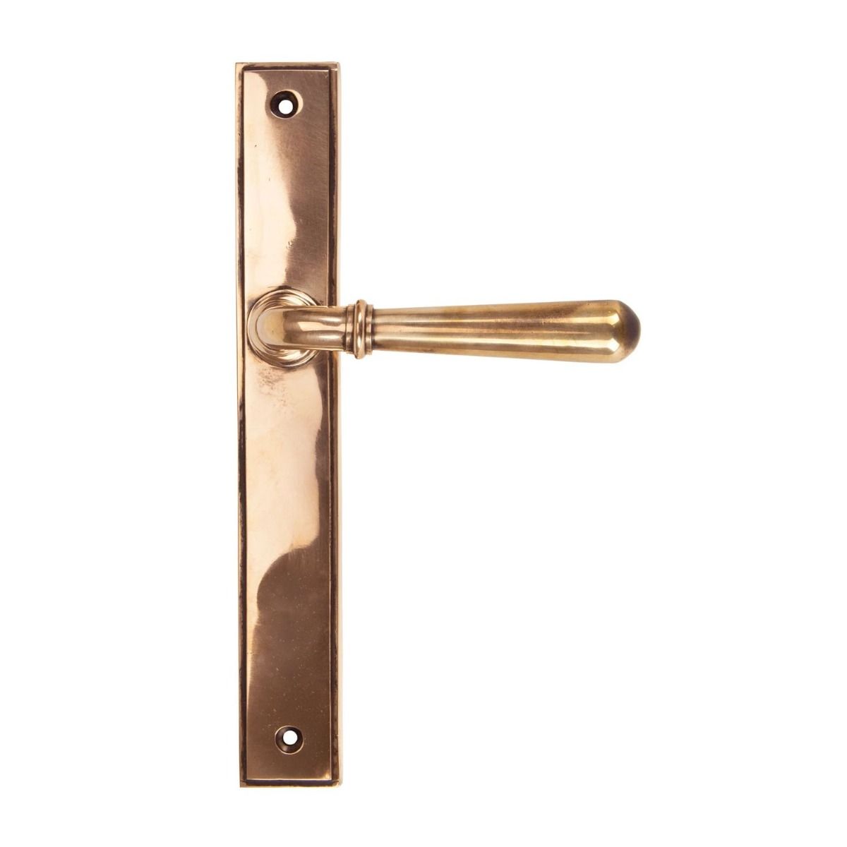 The Slimline Smooth Lever Espagnolette Door Latch in Polished Bronze on a White Background 