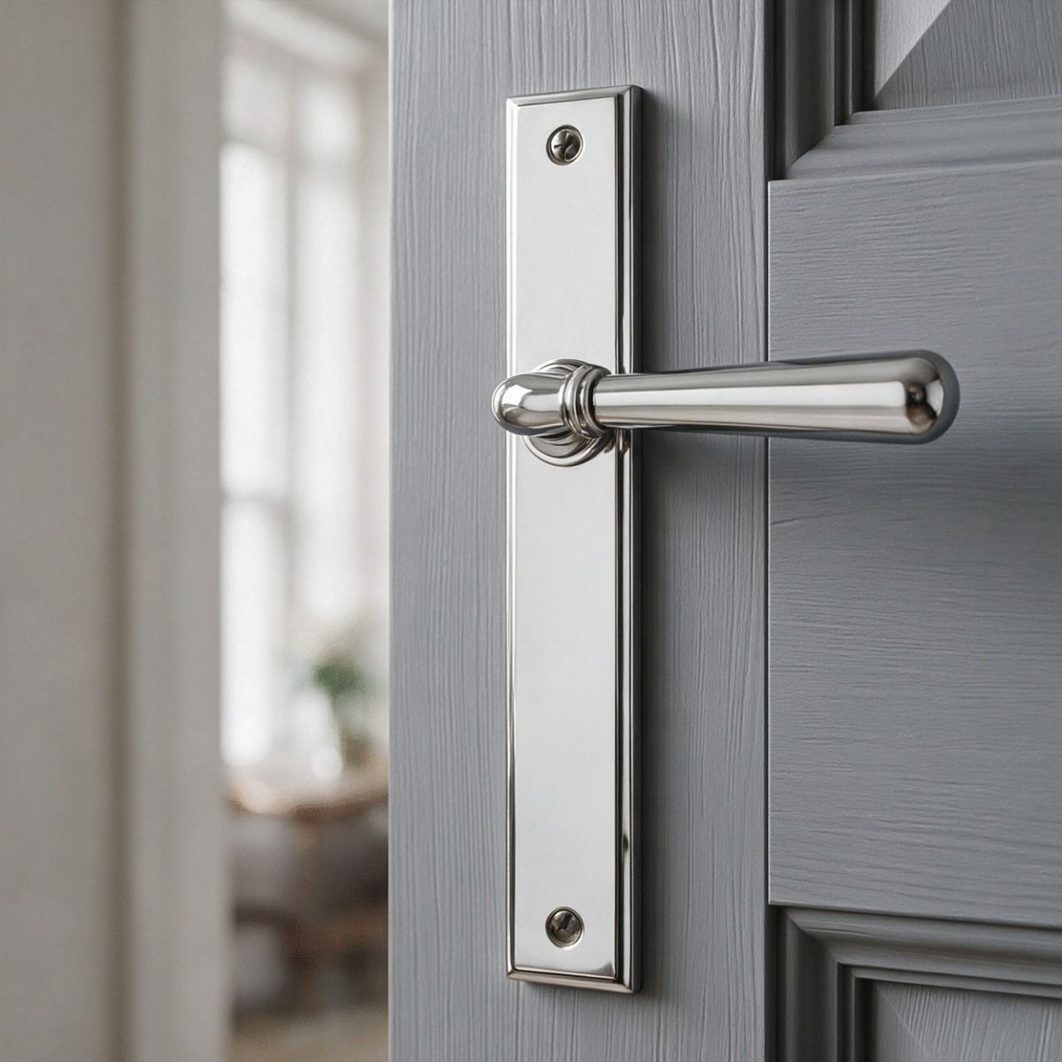 The Slimline Smooth Lever Espagnolette Door Latch in Polished Chrome on a Grey Door in a Luxury Home - Digital Illustration