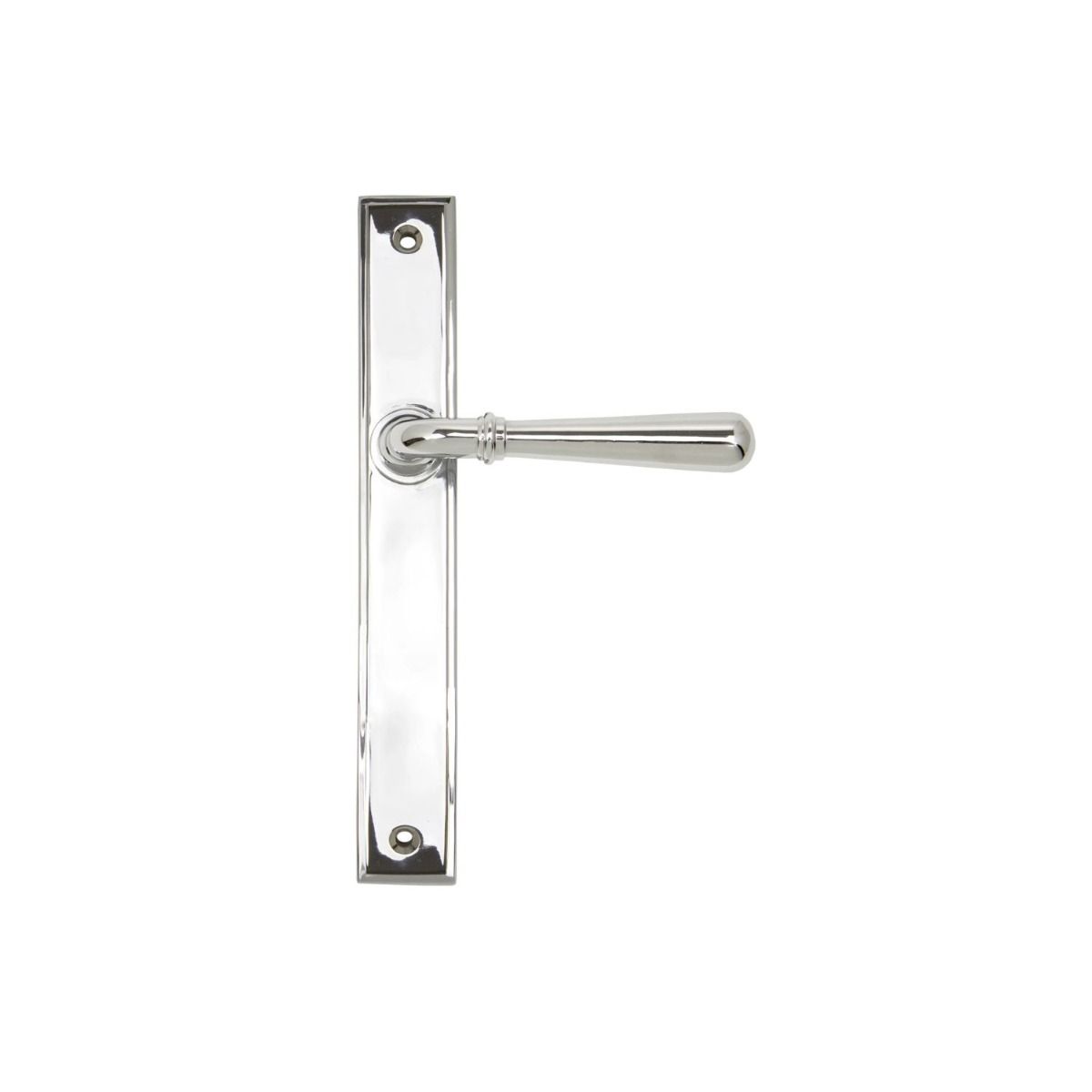 The Slimline Smooth Lever Espagnolette Door Latch in Polished Chrome on a White Background 