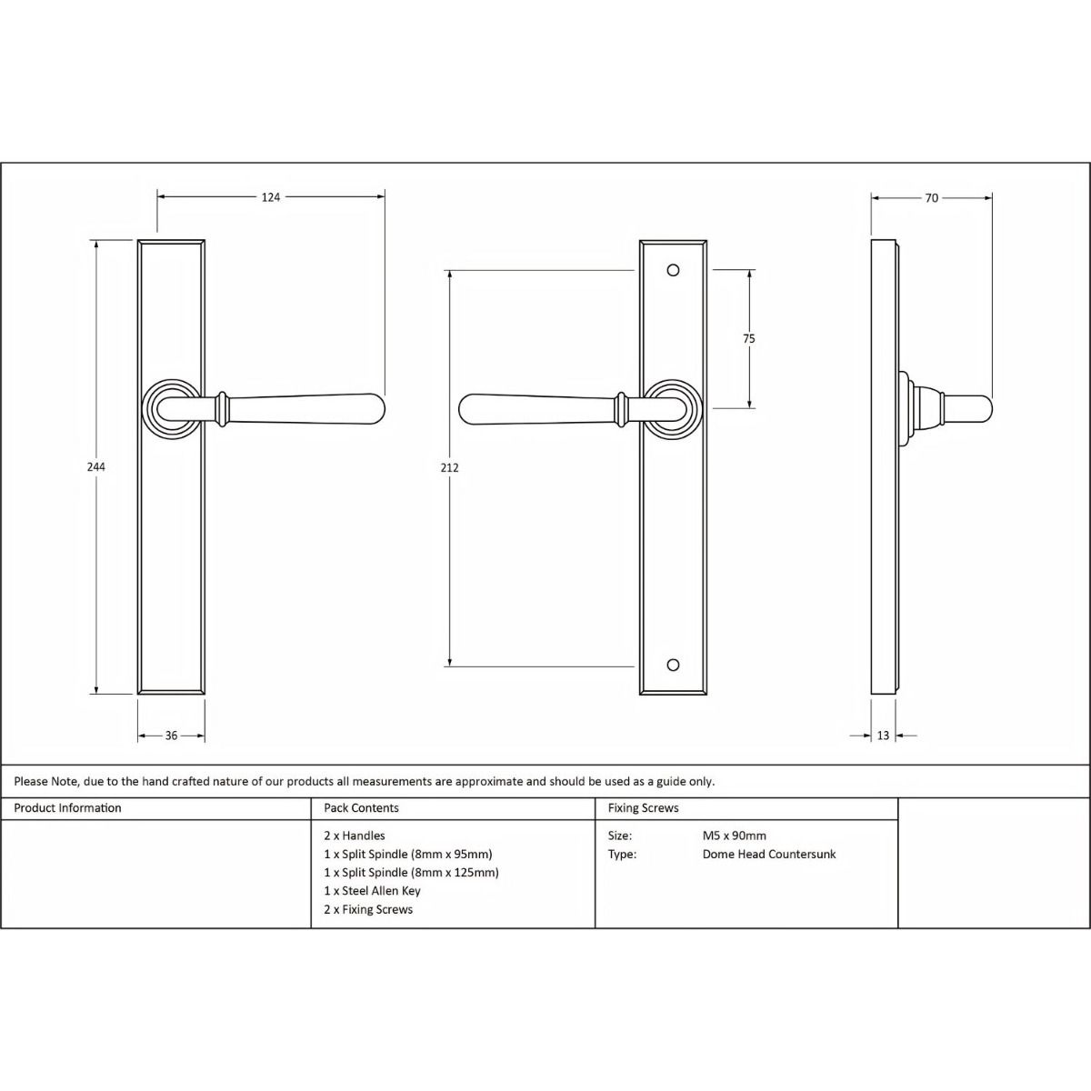 The Slimline Smooth Lever Espagnolette Door Latch in Polished Chrome Technical Drawings and Dimensions 