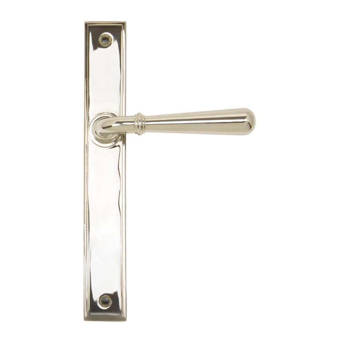 The Slimline Smooth Lever Espagnolette Door Latch in Polished Nickel on a White Background 