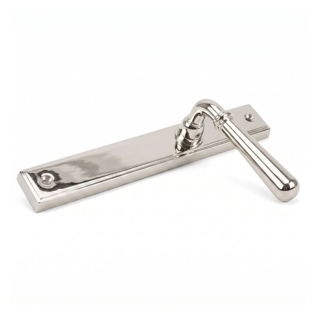 The Slimline Smooth Lever Espagnolette Door Latch in Polished Nickel Shown on its Side 
