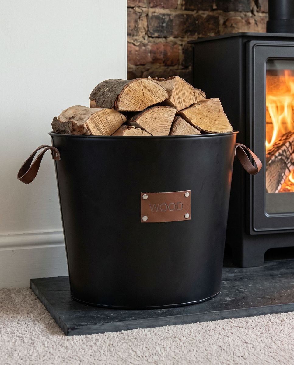 The Small "Wood" Black Log Basket on a Traditional Stone Hearth in a Contemporary Home - Digital Illustration 