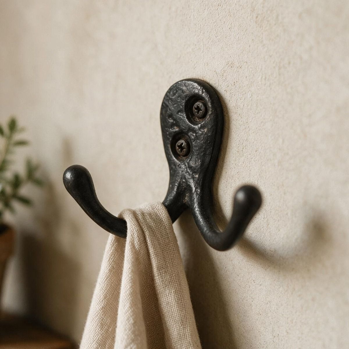 The Small Antique Black Iron Double Wall Coat Hook Shown with a Scarf Draped Over it - Digital Illustration