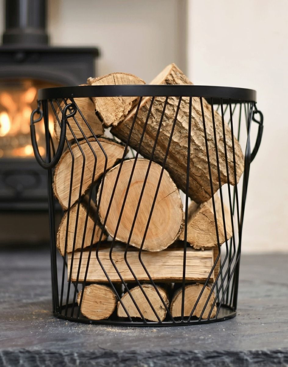 The Small Art Deco Wire Log Basket in Front of a Traditional Log Burner Stove - Digital Illustration