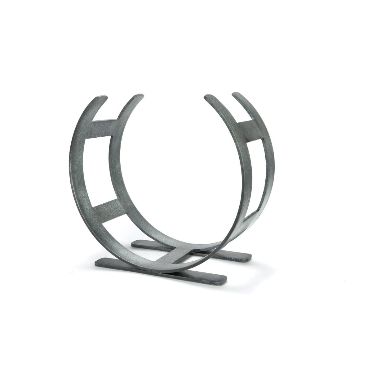 The Small Curved Fireside Log Holder in Pewter Shown from an Angle on a White Background