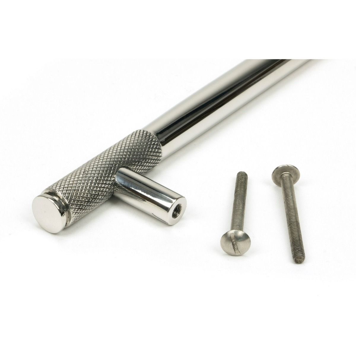 The Small Half Knurled Cabinet Pull Handle in Polished Stainless Steel Showing a Close up Image of the Supplied Fittings