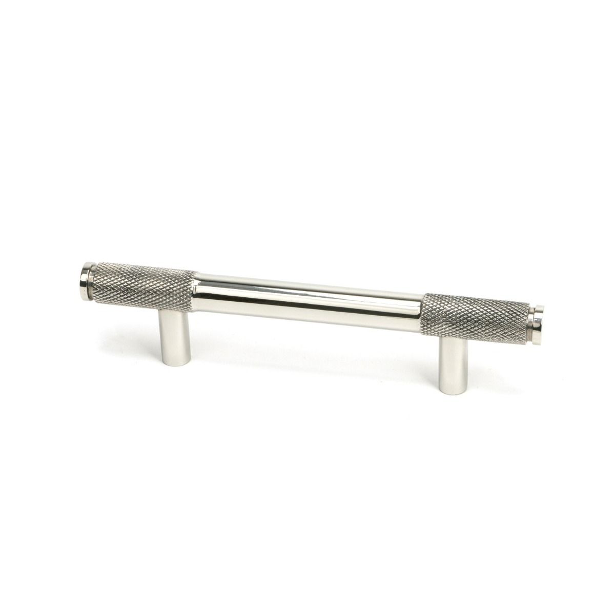 The Small Half Knurled Cabinet Pull Handle in Polished Stainless Steel Shown Upright on a White Background