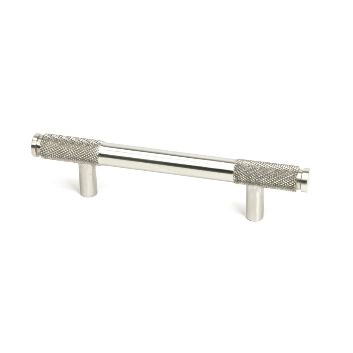 The Small Half Knurled Cabinet Pull Handle in Satin Stainless Steel Shown Upright on a White Background