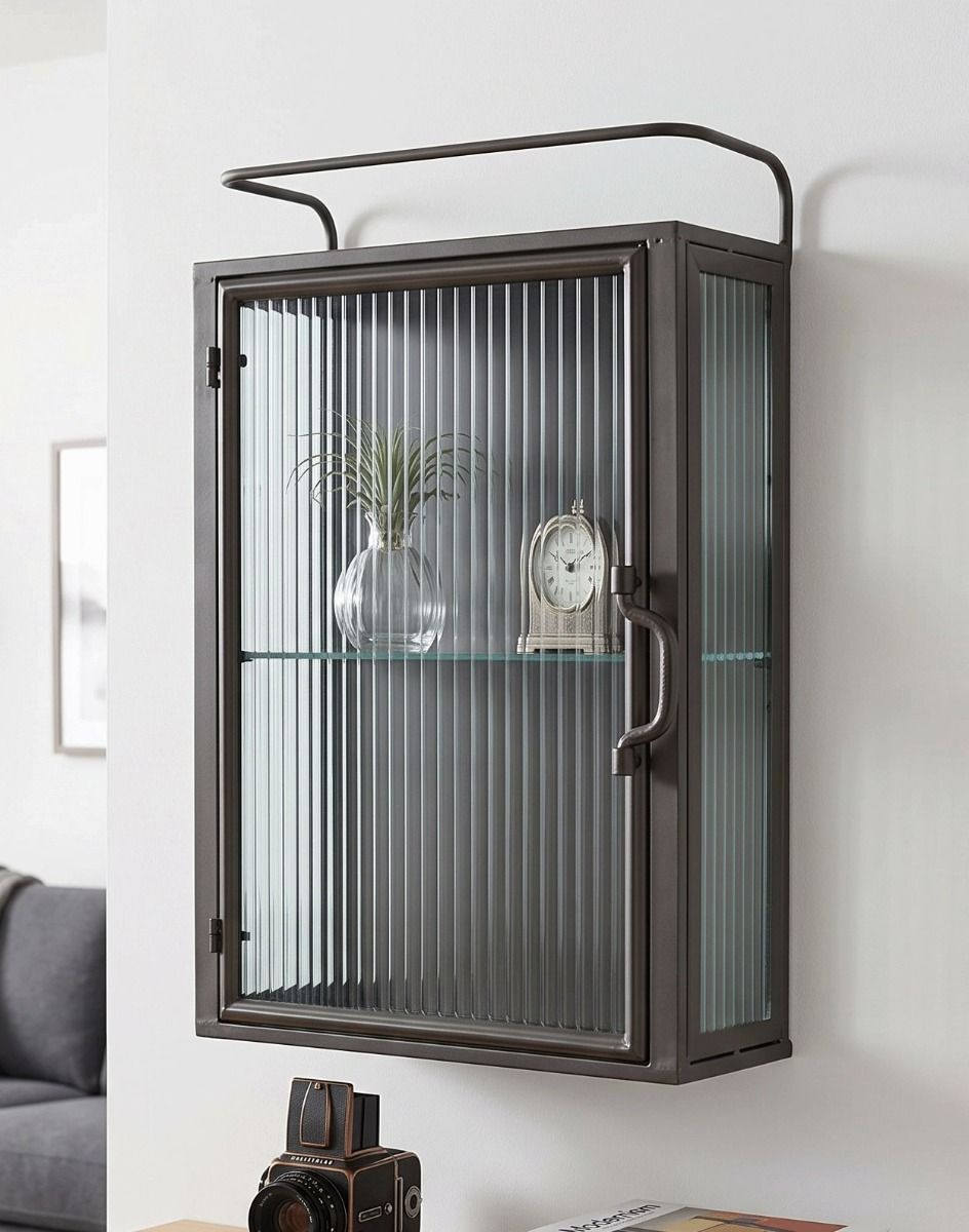 The Small Industrial Ribbed Metal & Glass Wall Unit Mounted on a White Coloured Wall in a Modern Living Room Interior - Digital Illustration