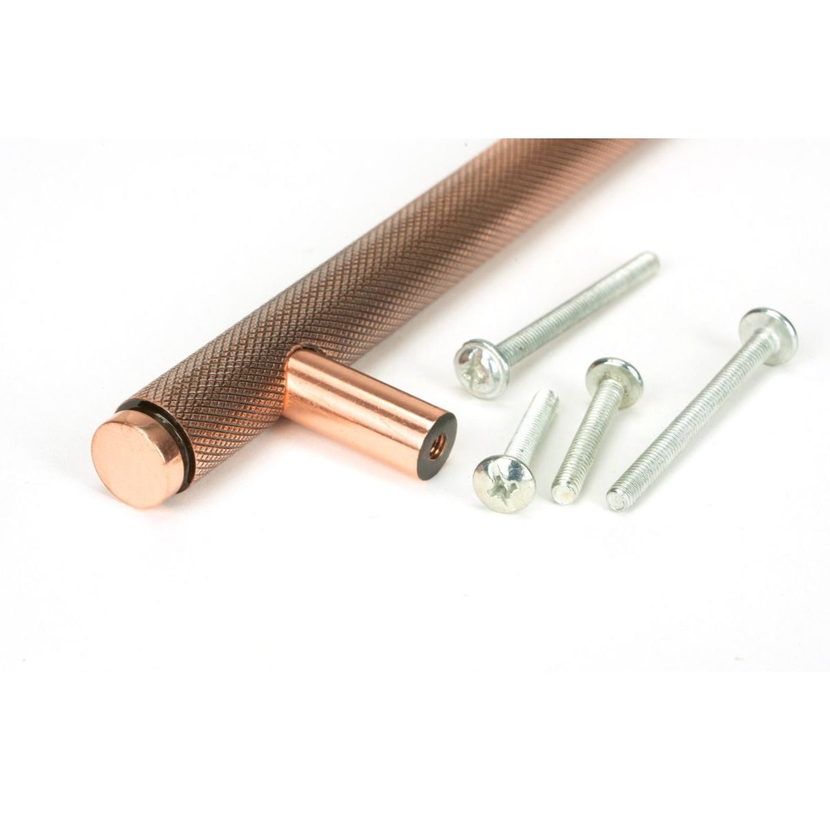 The Small Knurled Cabinet Pull Handle in Polished Bronze Showing a Close up Image of the Supplied Fittings