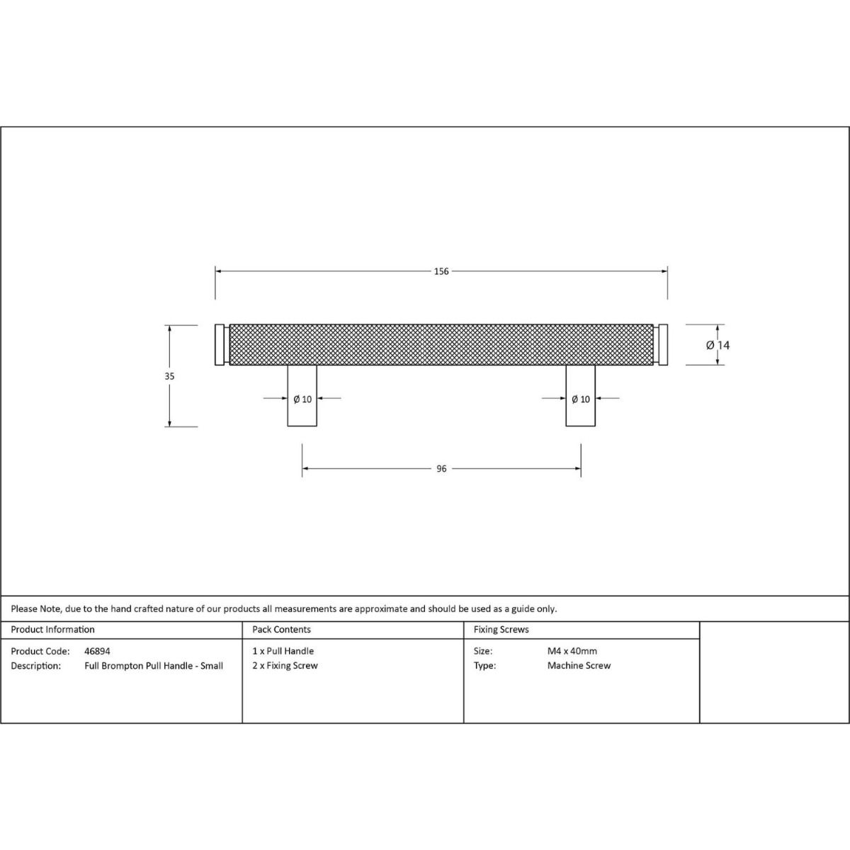 The Small Knurled Cabinet Pull Handle in Polished Chrome Technical Drawings and Dimensions