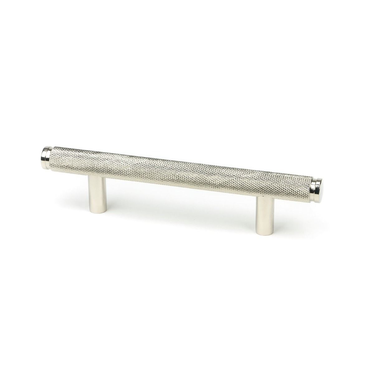 The Small Knurled Cabinet Pull Handle in Polished Nickel Shown Upright on a White Background
