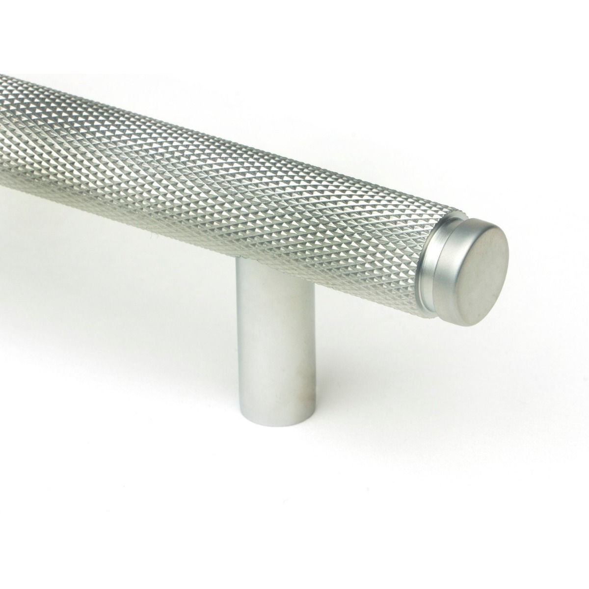 The Small Knurled Cabinet Pull Handle in Satin Chrome Looking Close Up at the End of the Handle