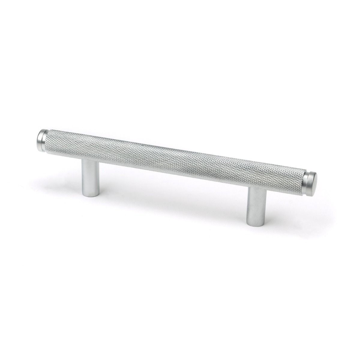 The Small Knurled Cabinet Pull Handle in Satin Chrome Shown Upright on a White Background