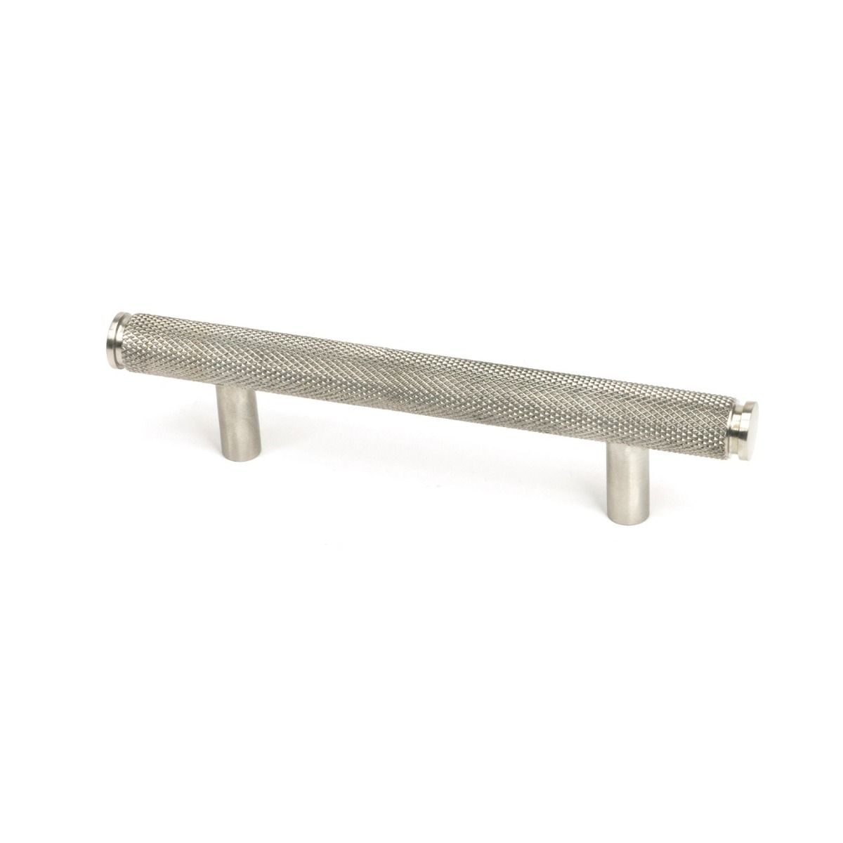 The Small Knurled Cabinet Pull Handle in Satin Stainless Steel Shown Upright on a White Background