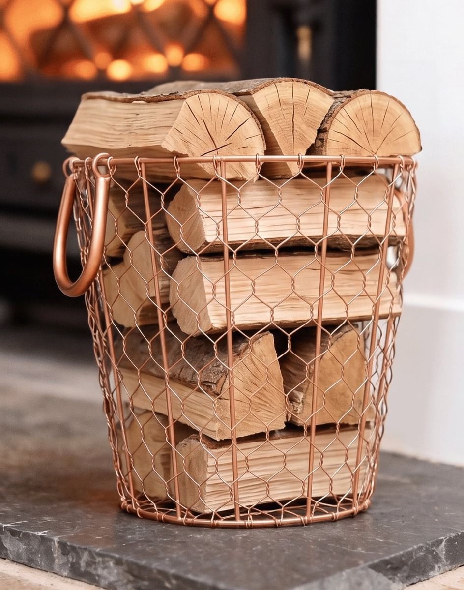 The Small Rose Gold Wire Log Basket Filled with Logs next to a Traditional Log Burner Stove - Digital Illustration