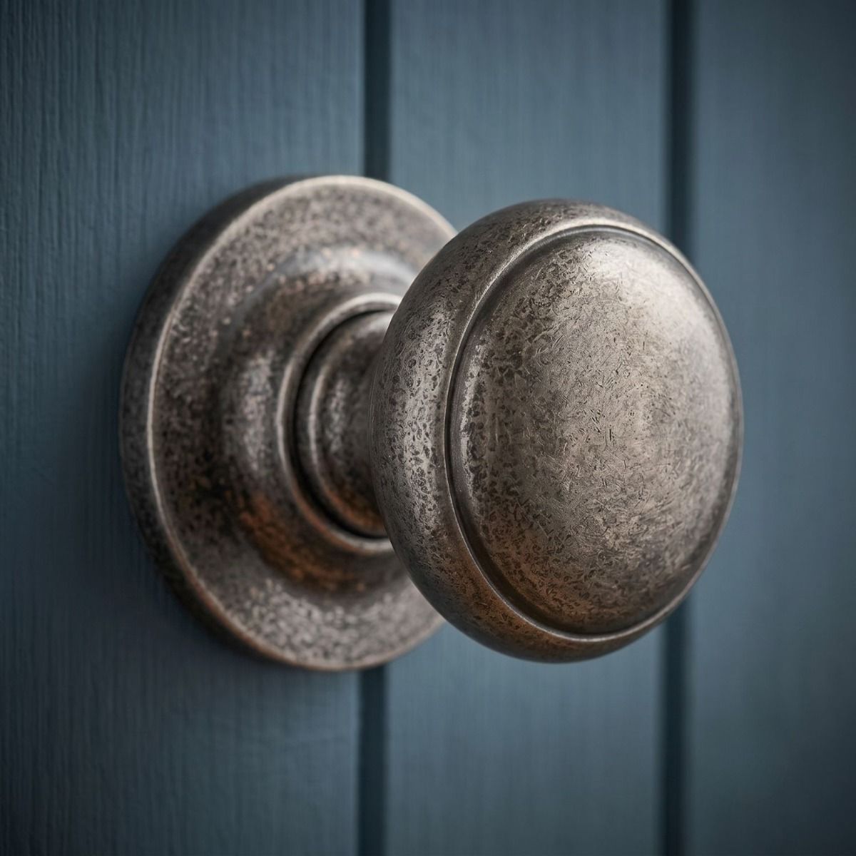 The Smooth Antique Pewter Centre Door Handle Set Mounted on a Dark Blue Wooden Door - Digital Illustration 
