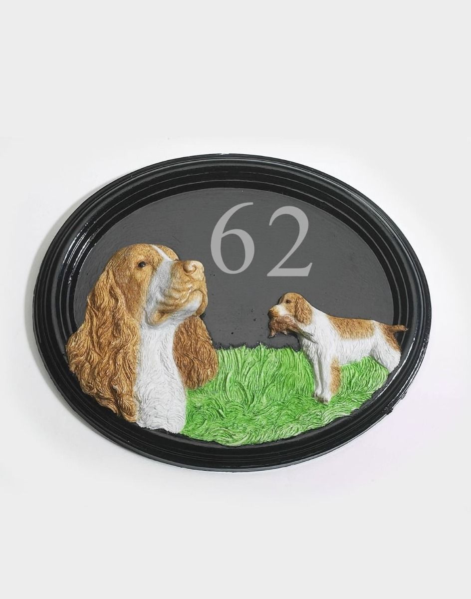 The Spaniel Handpainted House Number Sign on a White Background 