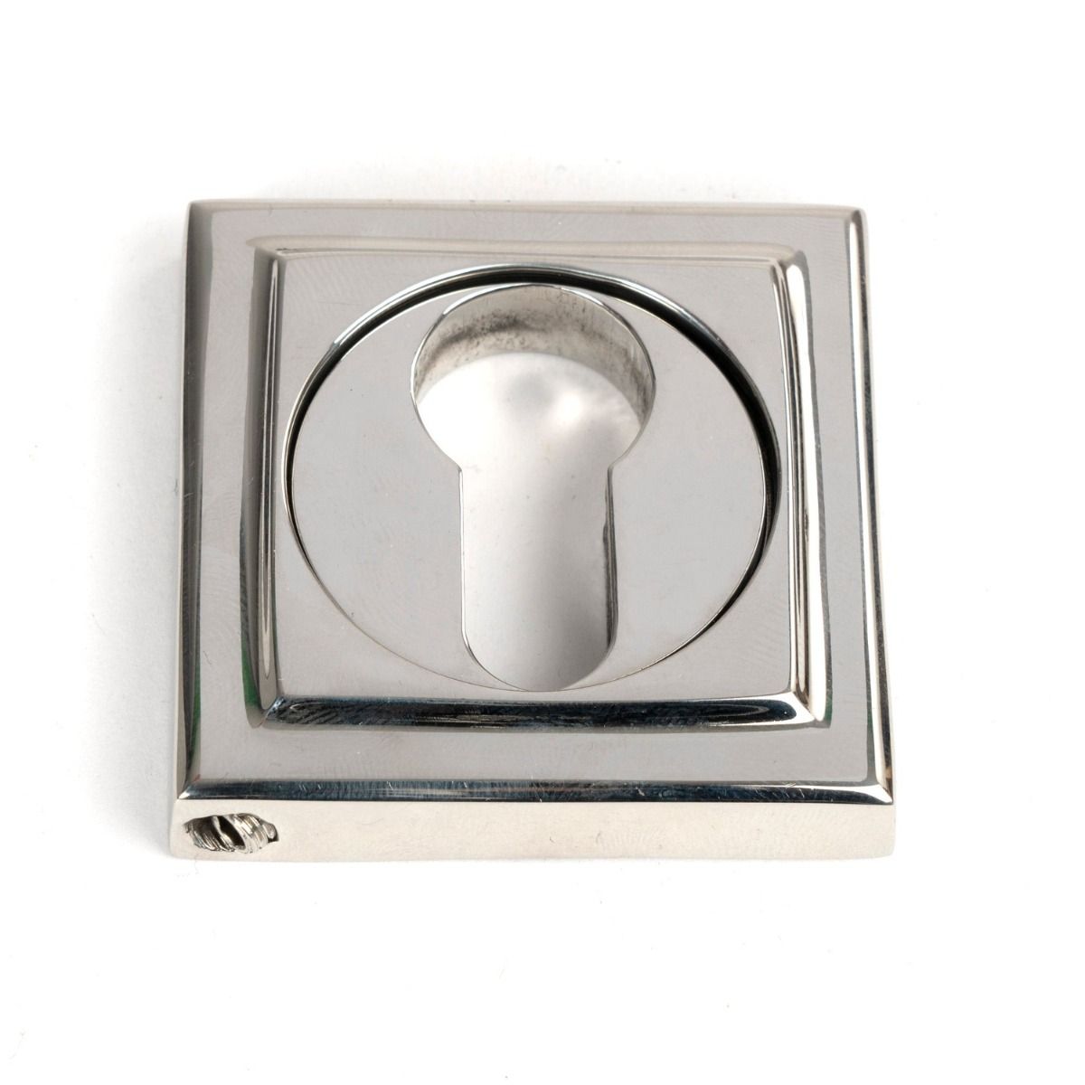 The Square Concealed Euro Keyhole Escutcheon in Polished Stainless Steel Shown on a White Background