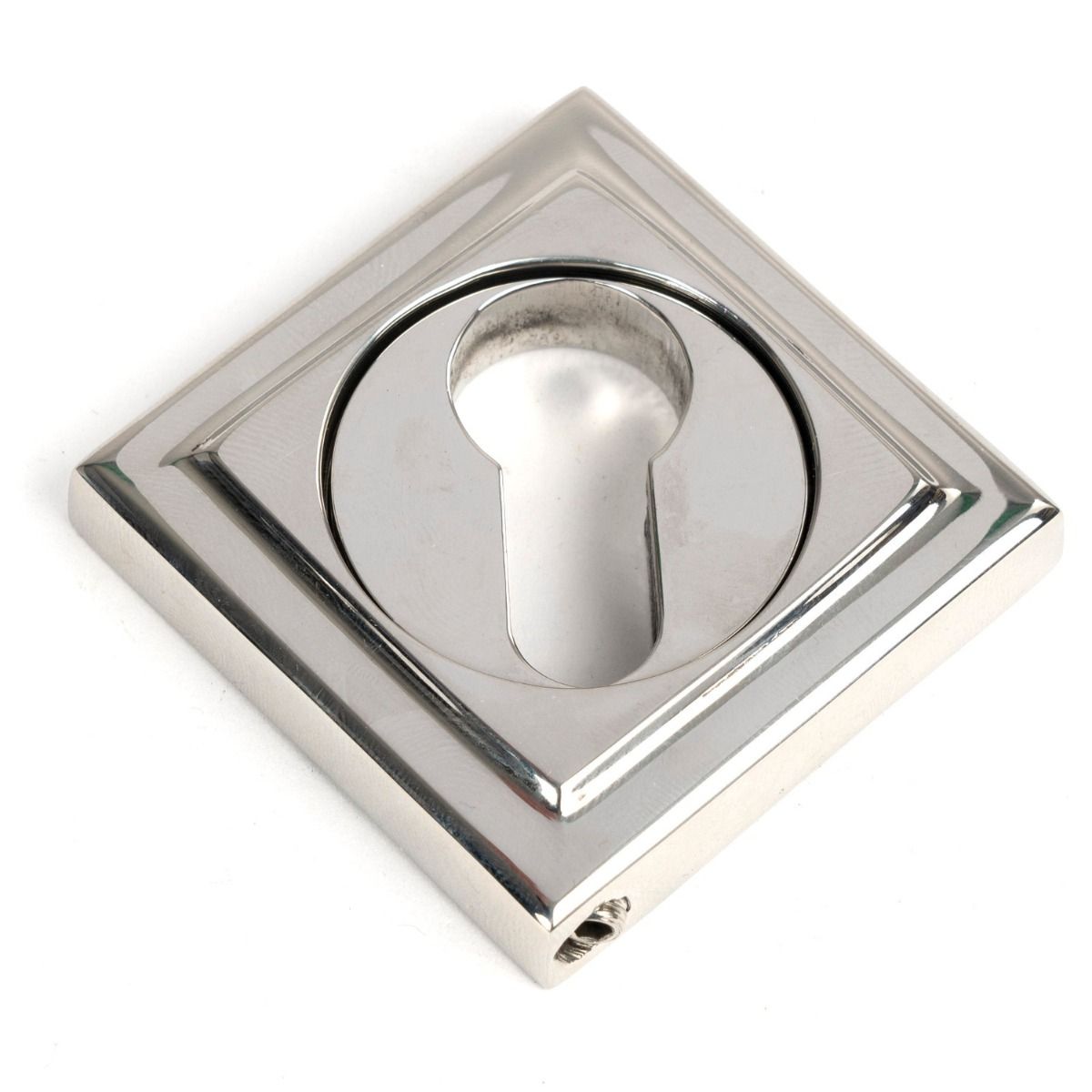 The Square Concealed Euro Keyhole Escutcheon in Polished Stainless Steel Shown with the Backplate in a Diamond Orientation