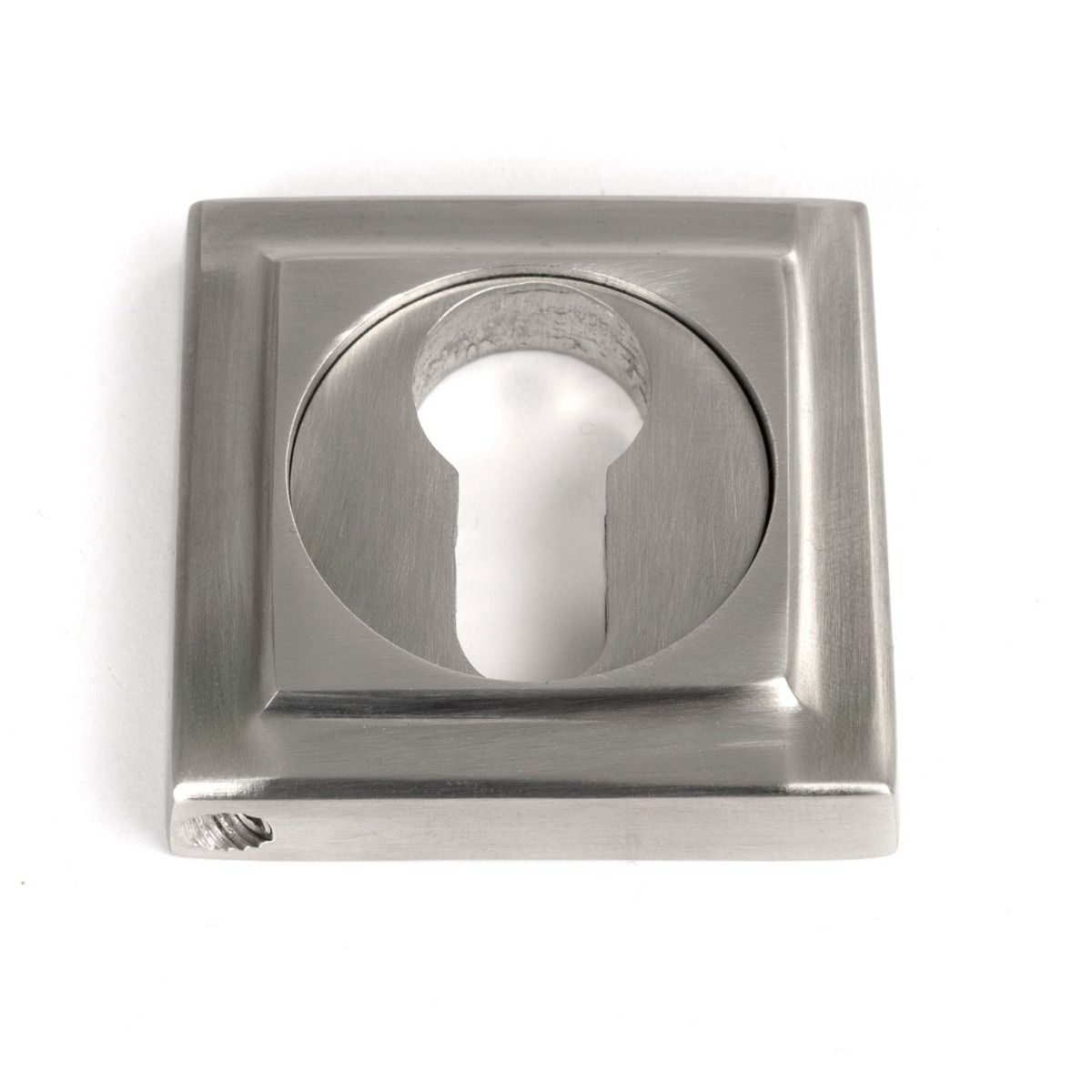 The Square Concealed Euro Keyhole Escutcheon in Satin Stainless Steel Shown on a White Background
