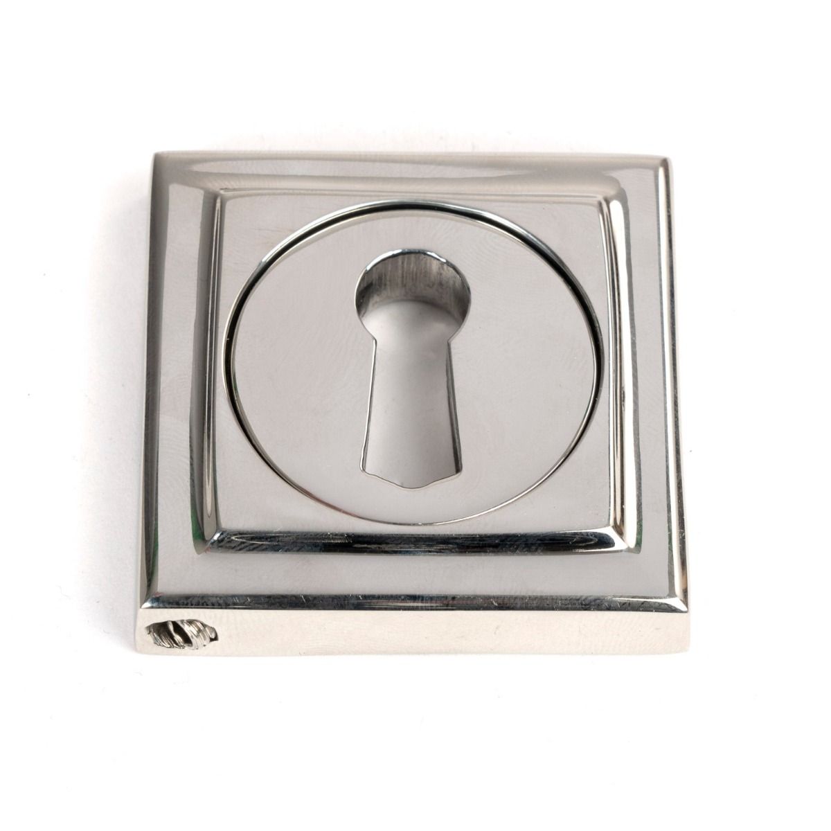 The Square Concealed Standard Keyhole Escutcheon in Polished Stainless Steel Shown on a White Background