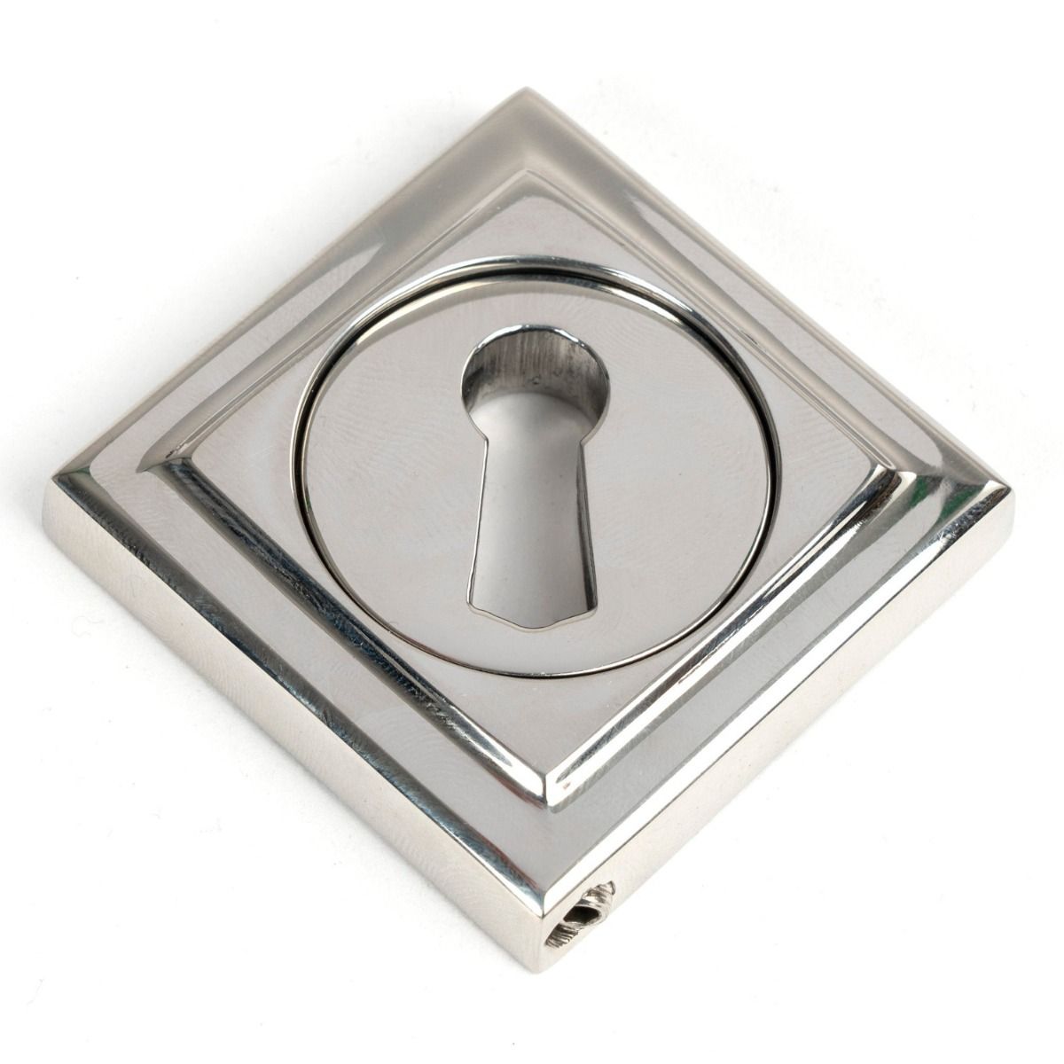 The Square Concealed Standard Keyhole Escutcheon in Polished Stainless Steel Shown with the Backplate in a Diamond Orientation