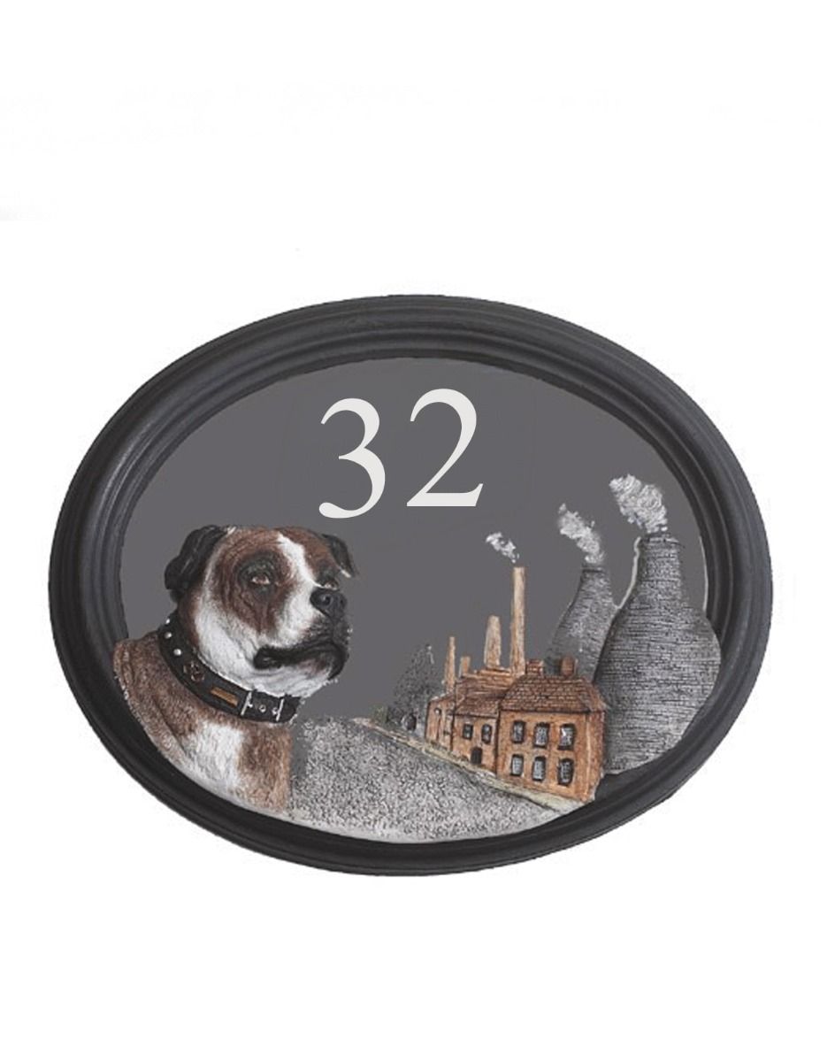 The Staffordshire Bull Terrier Handpainted House Number Sign on a White Background 