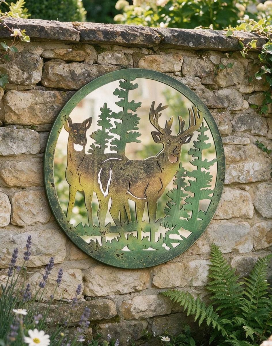 The Stag in Pine Forest Mirrored Garden Wall Art Mounted on a Stone Garden Wall next to Some Ferns - Digital Illustration