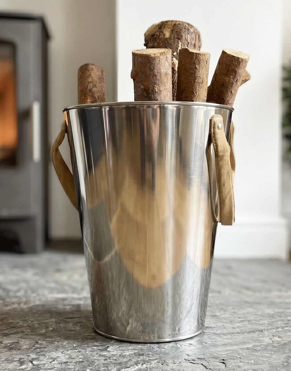 The Stainless Steel "Smooth and Sophisticated" Log Holder in Front of a Log Burner Stove in a White Living Room - Digital Illustration