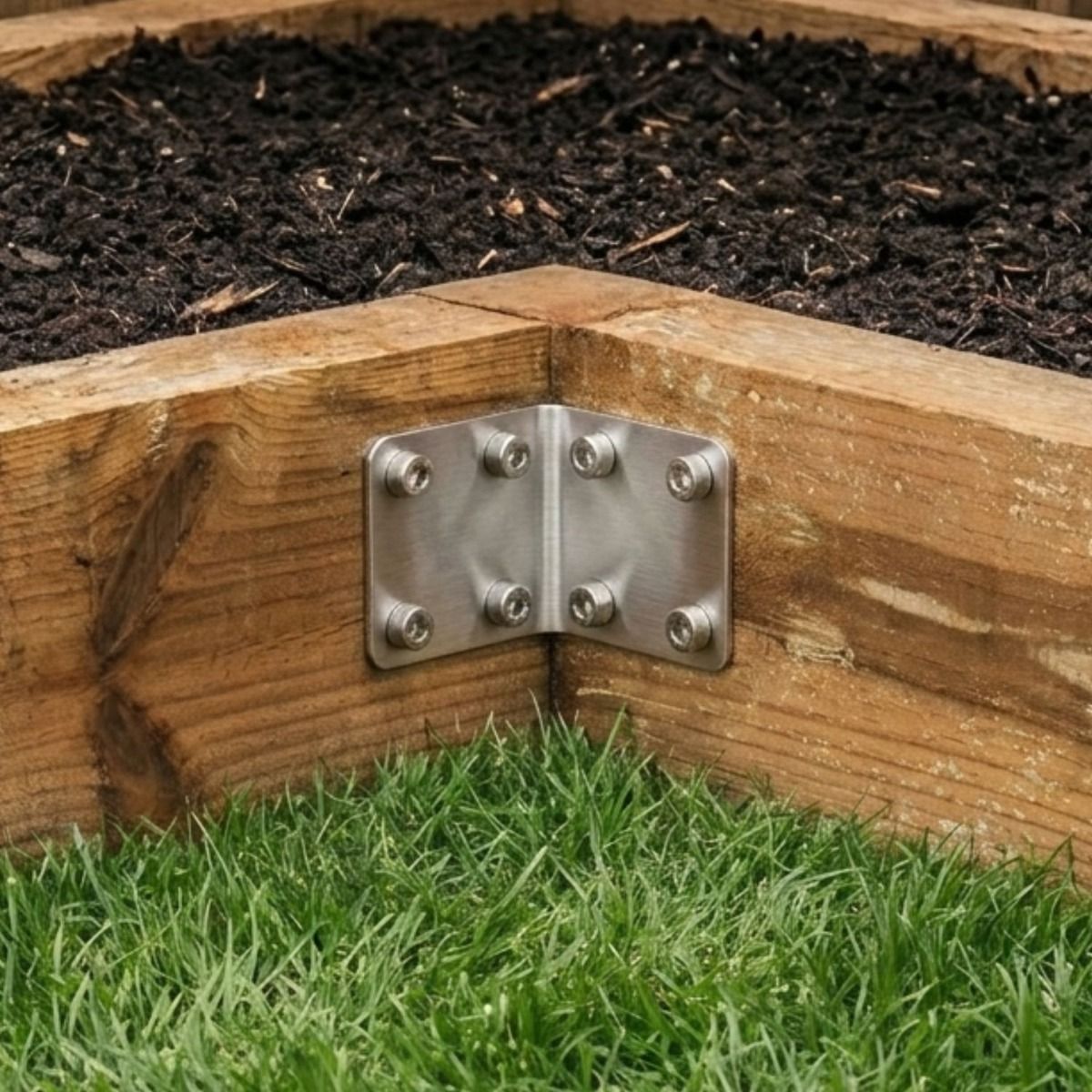 The Stainless Steel Railway Sleeper Internal Corner Support Bracket in a Sunny Garden - Digital Illustration 