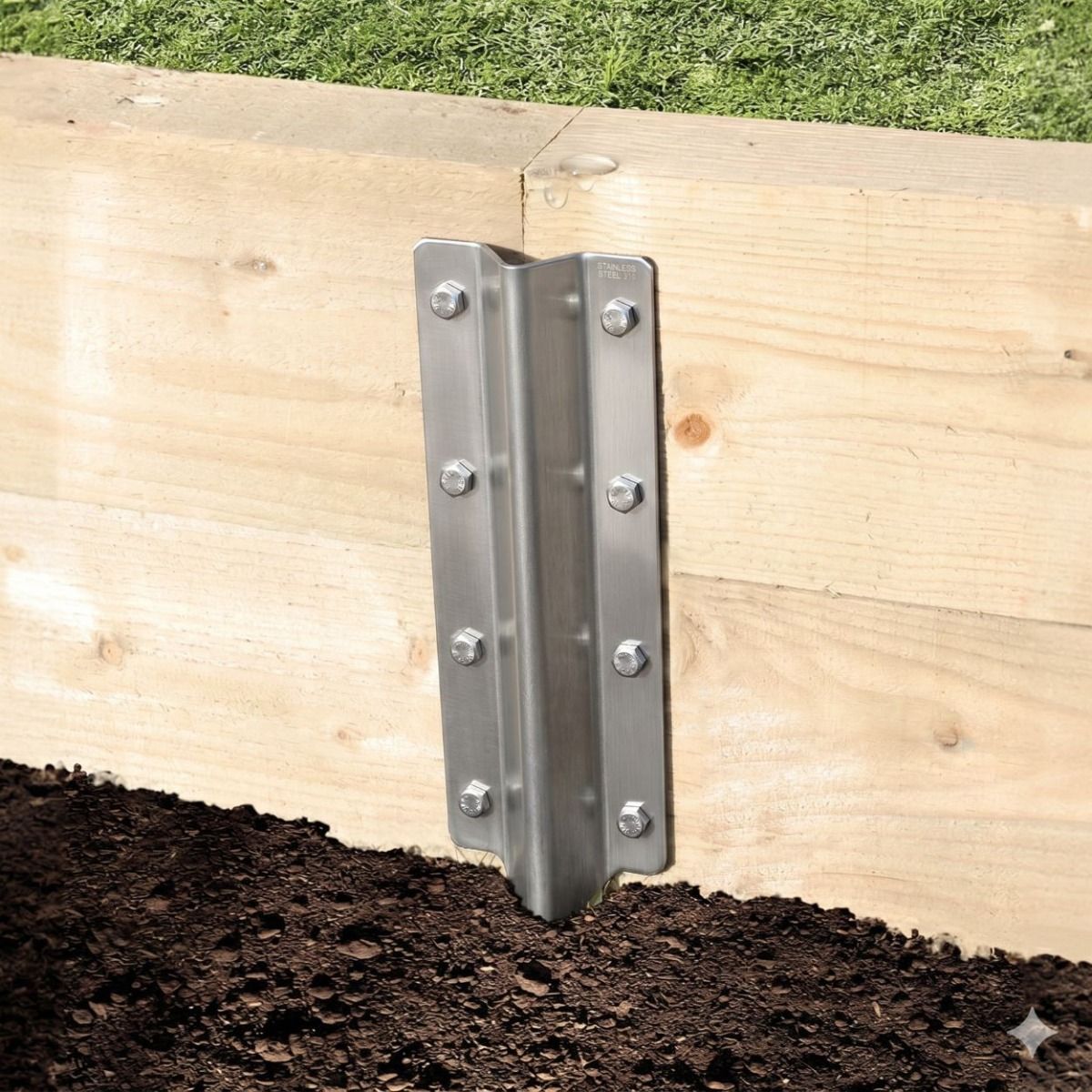 The Stainless Steel Railway Sleeper Straight Inline Spikes - Double on a White Background a Wooden Railway Sleeper Garden Planter