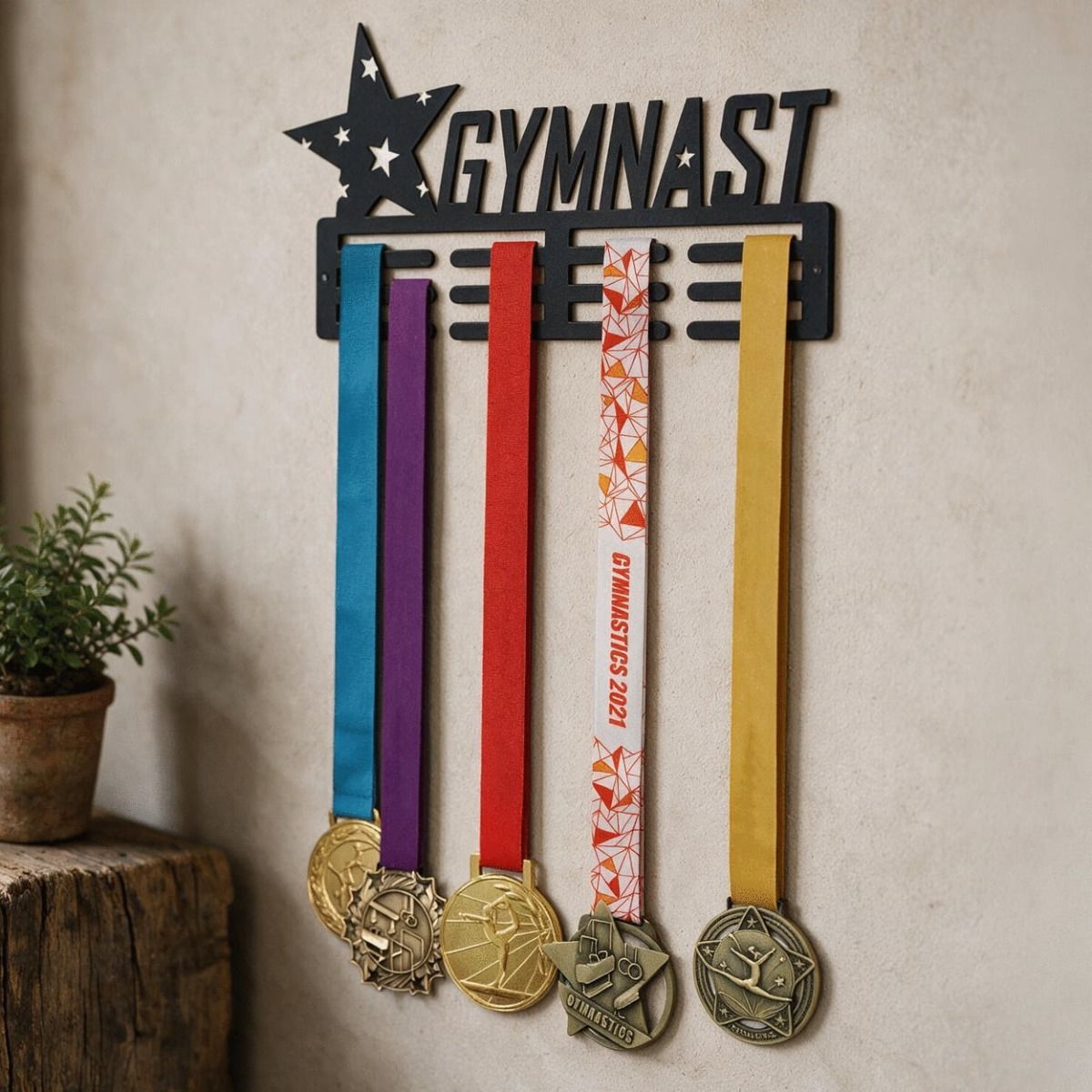 The Star Gymnast Sports Medal Holder Pictured on a Sunlit Wall in a Country Home - Digital Illustration