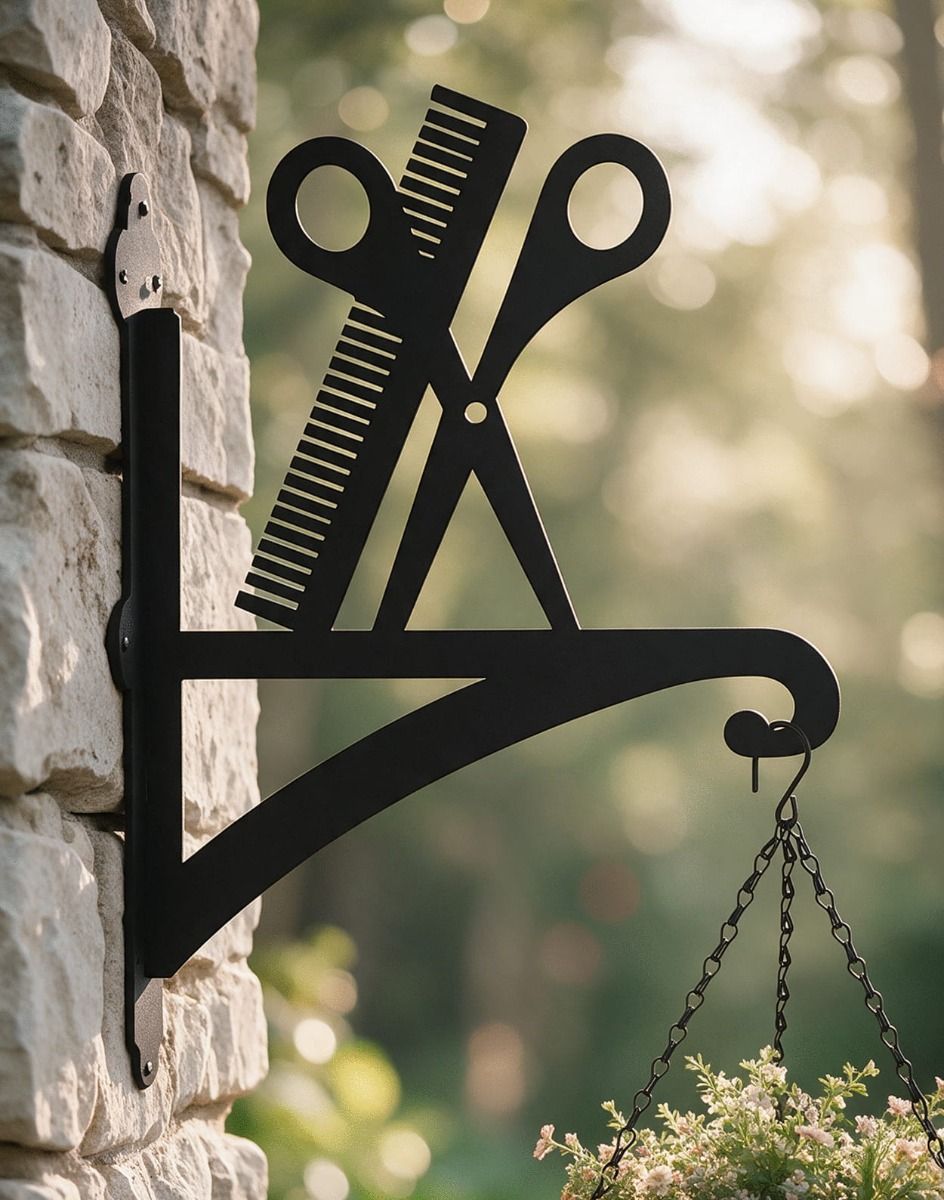 The Steel Hairdresser"s Tools Hanging Basket Bracket Mounted to the Side of a Ornate Cottage - Digital Illustration