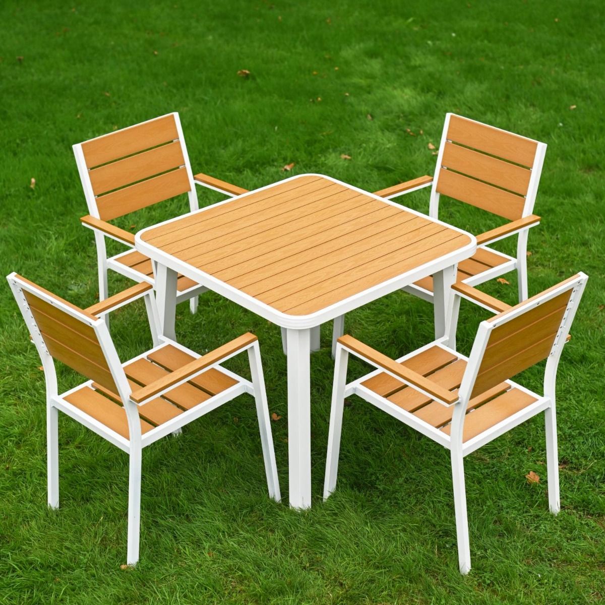 The Strata Slatted 4-Seater Outdoor Dining Set Shown from a High Angle to see the Table Top